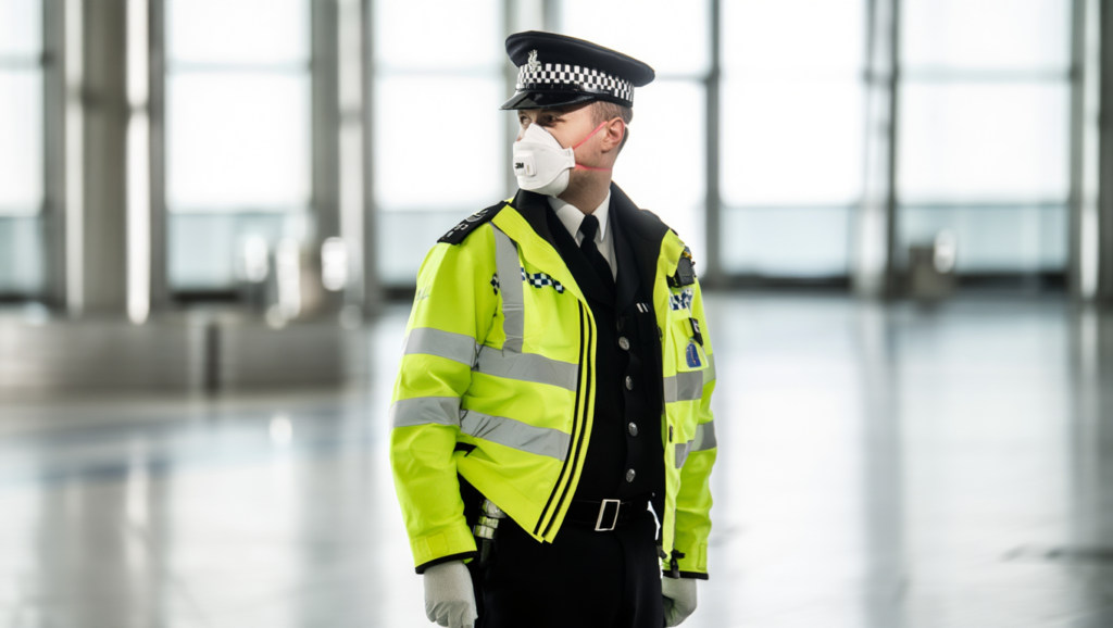 Police officer wearing a high-visibility jacket and a protective 3M respirator mask standing indoors.